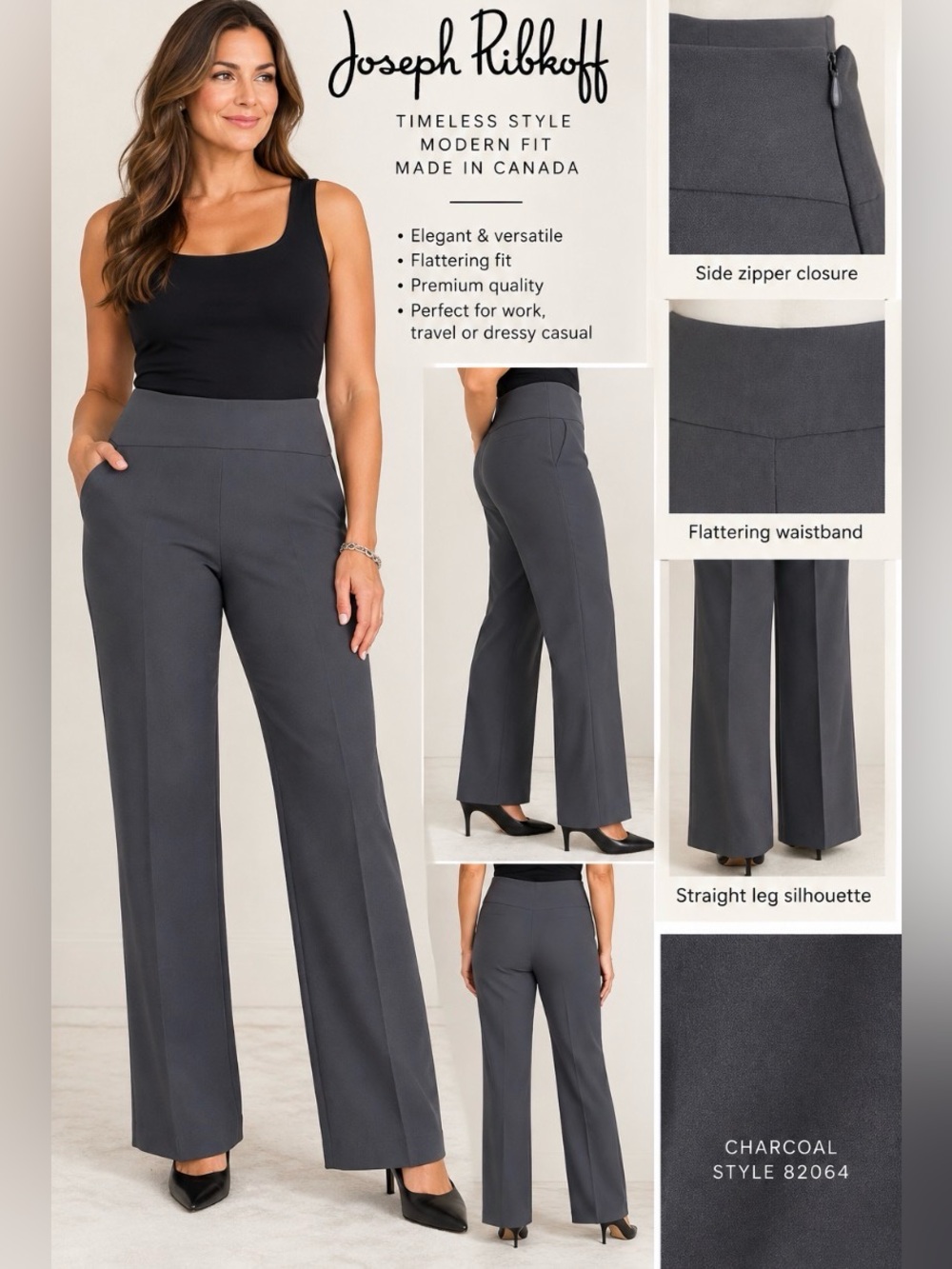 NWT Joseph Ribkoff Charcoal Straight Leg Dress Pants Size 8 Style 82064